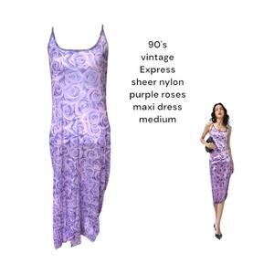 90's vintage Sheer purple roses maxi slip dress medium Express Tricot‎